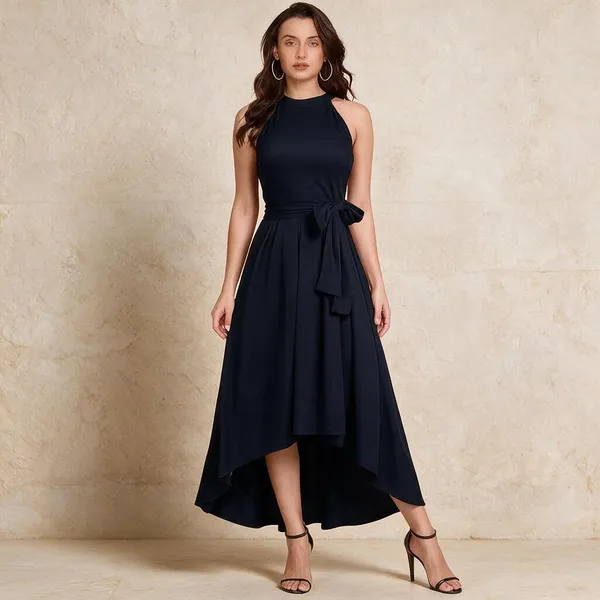 Blue_Knit_Sleeveless_High_Neck_A-Line_Dress_For_Women