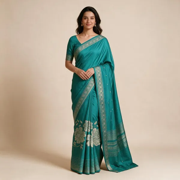 Teal_Semi_Silk_Floral_Woven_Saree_For_Women
