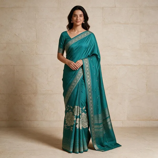Teal_Semi_Silk_Floral_Woven_Saree_For_Women