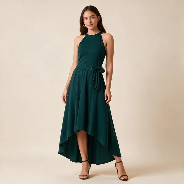 Teal_Knit_Sleeveless_Halter_High_Low_A-Line_Dress_For_Women