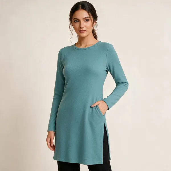 Teal_Knitted_Longline_Tunic_Top_For_Women