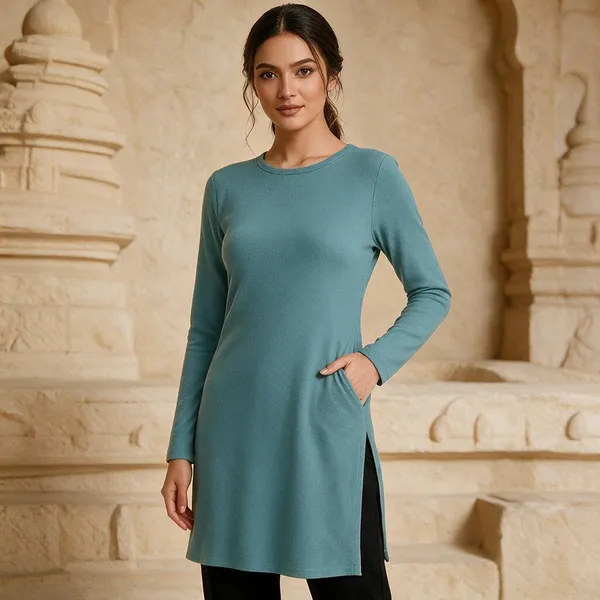 Teal_Knitted_Longline_Tunic_Top_For_Women