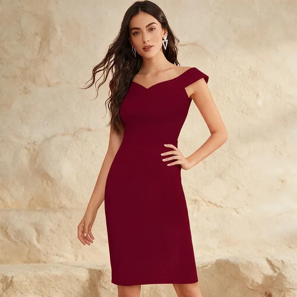Maroon_Polyester_Cap_Sleeve_Bodycon_Dress_For_Women