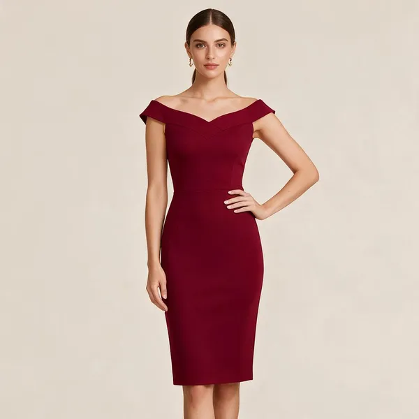 Maroon_Polyester_Cap_Sleeve_Bodycon_Dress_For_Women