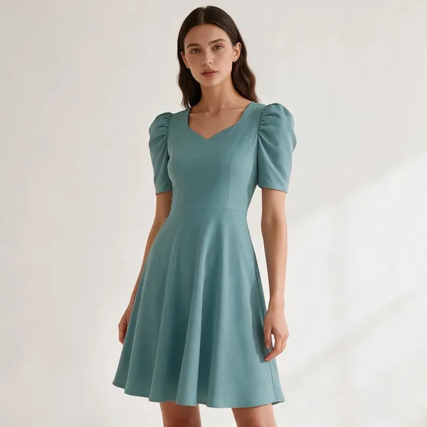 Teal_Polyester_Puff_Sleeve_Fit_And_Flare_Dress_For_Women