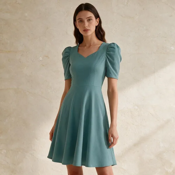 Teal_Polyester_Puff_Sleeve_Fit_And_Flare_Dress_For_Women