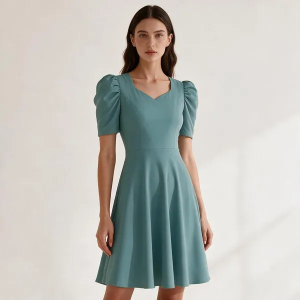 Teal_Polyester_Puff_Sleeve_Fit_And_Flare_Dress_For_Women