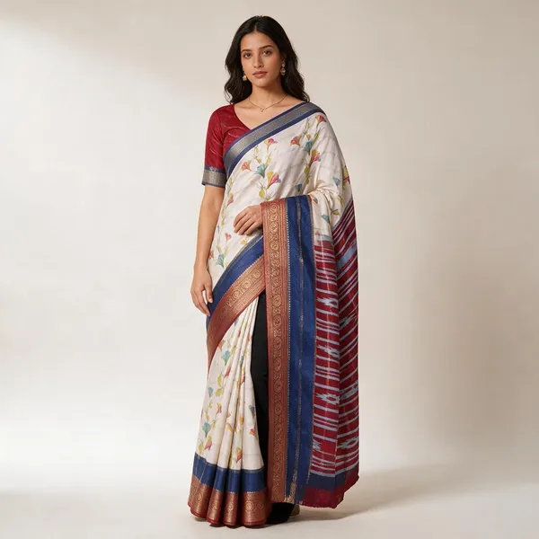 White_Semi_Silk_Floral_Print_Saree_For_Women