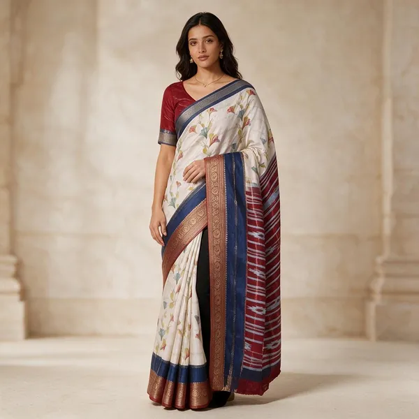 White_Semi_Silk_Floral_Print_Saree_For_Women
