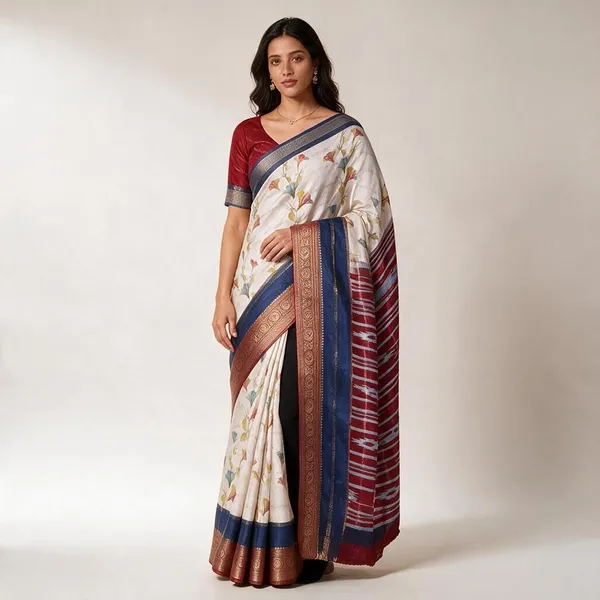 White_Semi_Silk_Floral_Print_Saree_For_Women