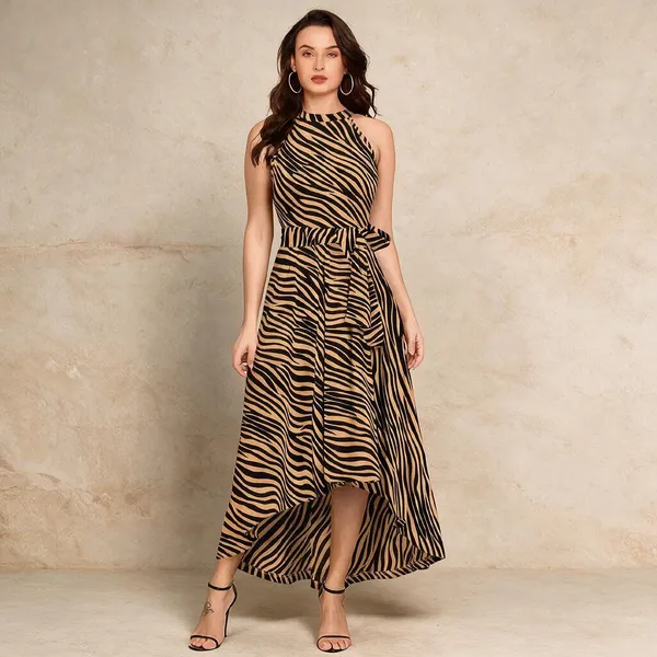 Brown_Knitted_Animal_Print_Sleeveless_Maxi_Dress_For_Women