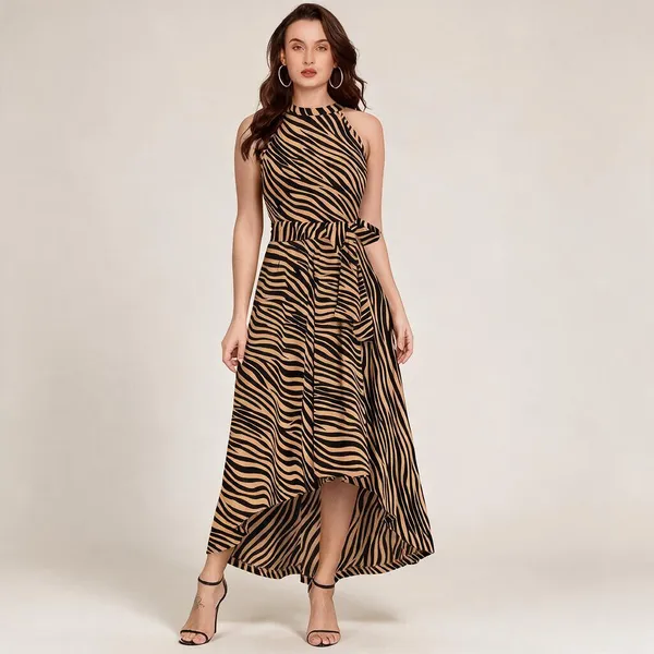 Brown_Knitted_Animal_Print_Sleeveless_Maxi_Dress_For_Women