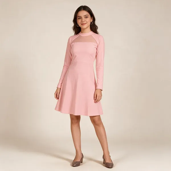 Pink_Knit_Mesh_Yoke_A-Line_Dress_For_Women