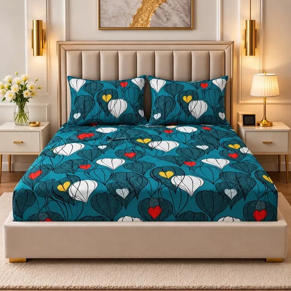 Teal_Floral_Heart_Fitted_Bedsheet_Set_With_Pillow_Covers