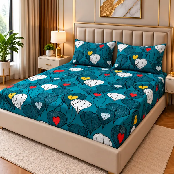 Teal_Floral_Heart_Fitted_Bedsheet_Set_With_Pillow_Covers