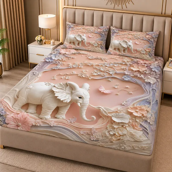 Peach_Floral_Elephant_Print_Bedsheet_Set