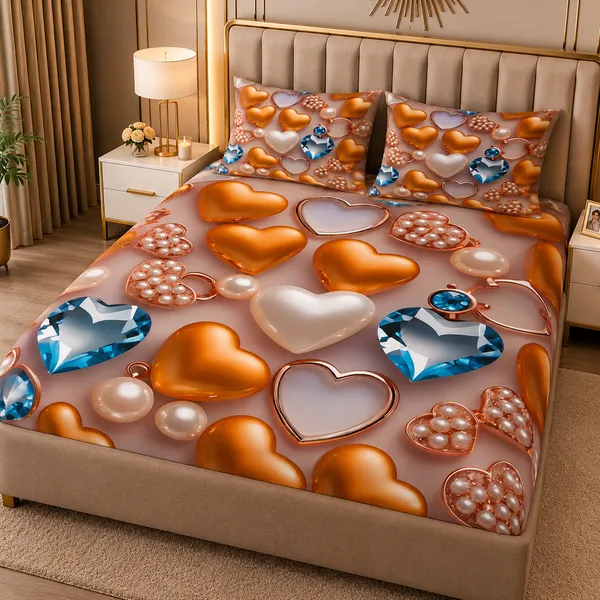 Peach_Heart_Print_Bedsheet_Set_With_Pillow_Covers
