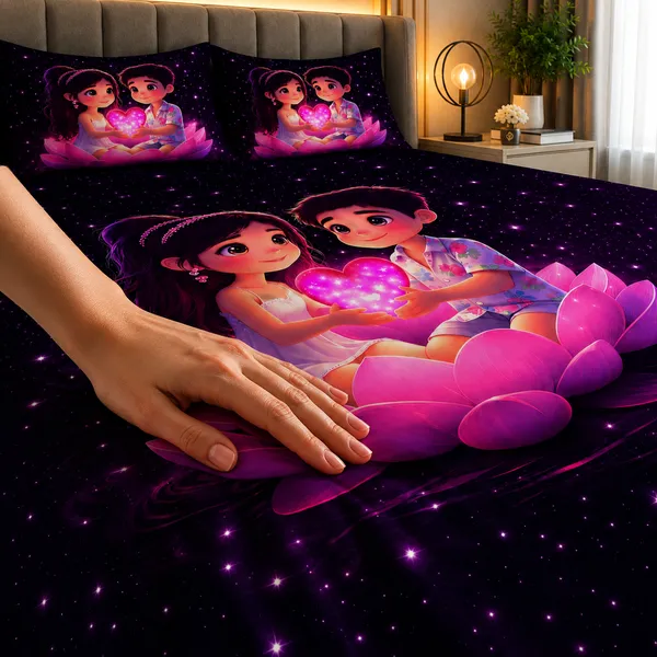 7D_Romantic_Couple_Print_Double_Bedsheet_Set
