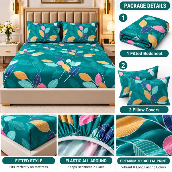 Teal_Floral_Print_Fitted_Bedsheet_Set_With_Pillow_Covers