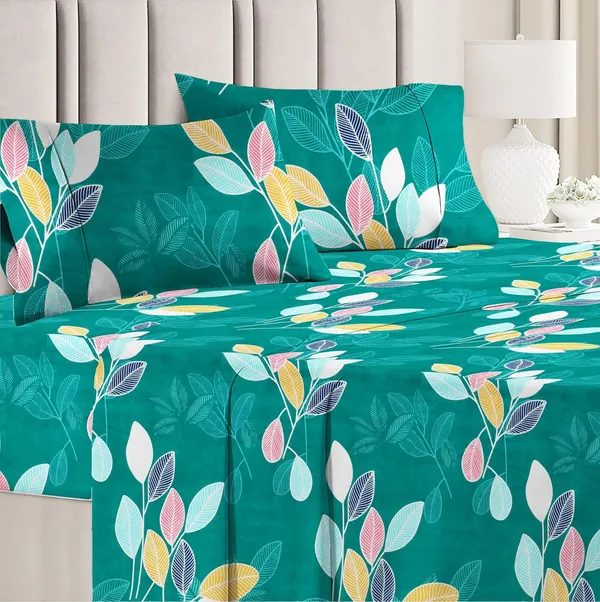Teal_Floral_Print_Bedsheet_Set