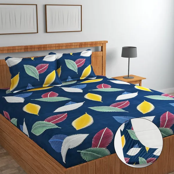 Blue_Modern_Leaf_Print_King_Size_Fitted_Bedsheet