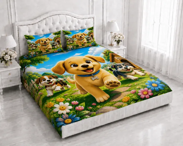 Blue_Cartoon_Dog_Floral_Print_Bedsheet