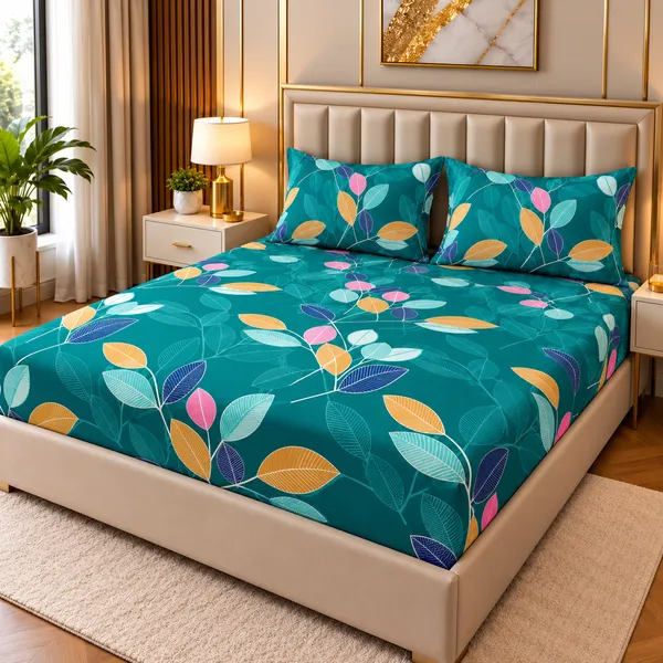 Teal_Floral_Print_Fitted_Bedsheet_Set