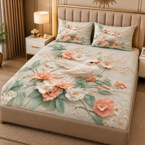 Printed_Floral_Bird_Double_Bedsheet_Set_With_Pillow_Covers