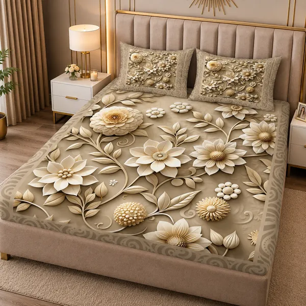Beige_Floral_Print_Fitted_Bedsheet