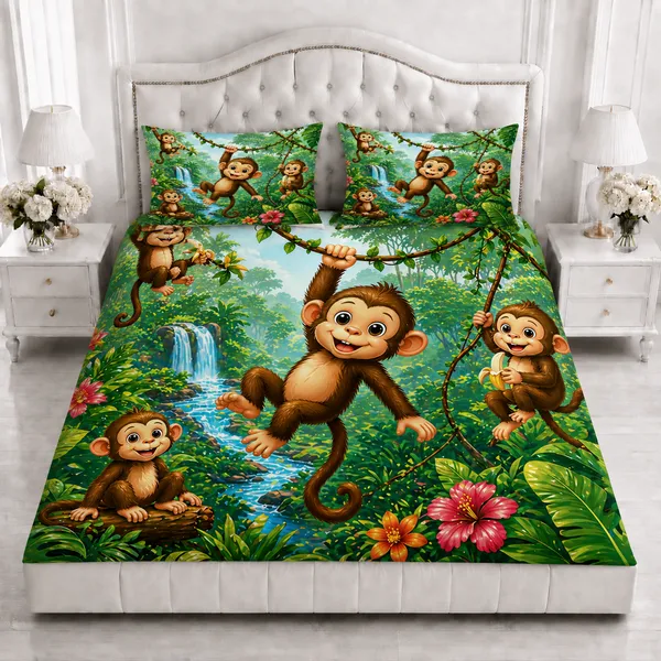 Green_Jungle_Monkey_Print_Bedsheet_Set