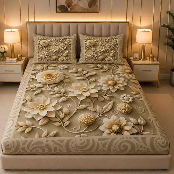 Beige_Floral_Print_Fitted_Bedsheet