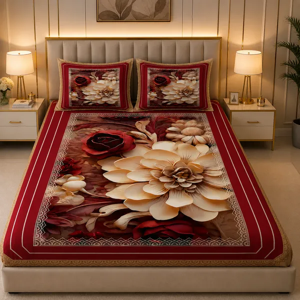 Red_Floral_Print_King_Size_Bedsheet_Set