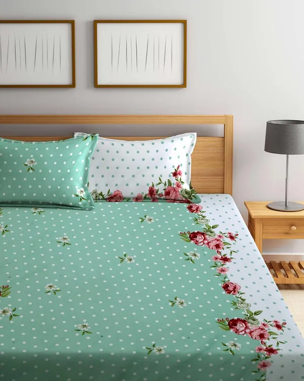 Mint_Green_Floral_Polka_Dot_Print_Bedsheet