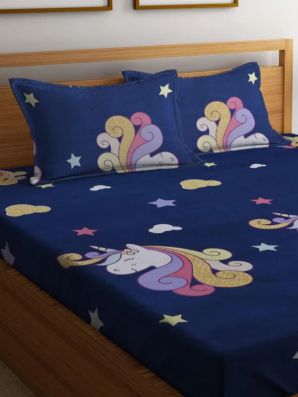 Navy_Blue_Unicorn_Printed_Single_Bed_Bedsheet_Set