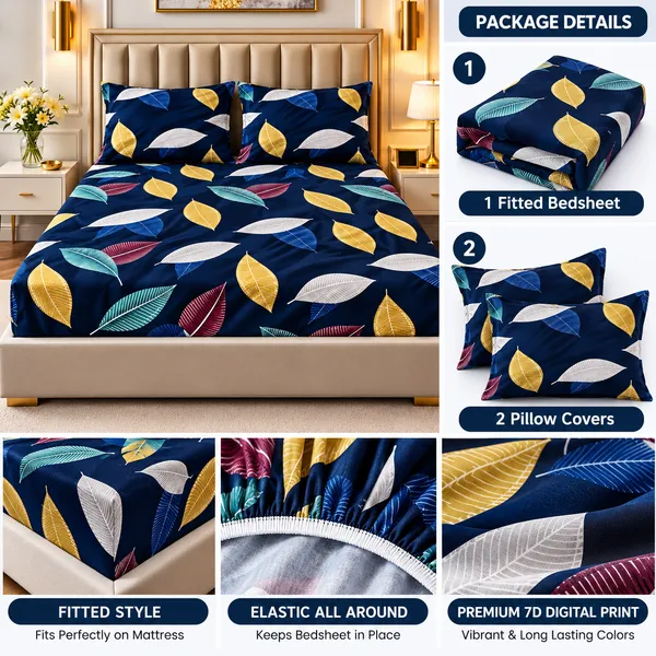 Printed_Leaf_Pattern_Fitted_Bedsheet_Set_With_Pillow_Covers
