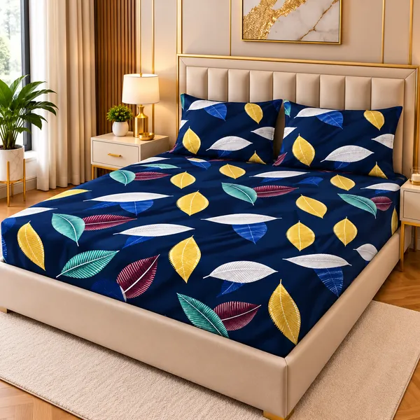 Printed_Leaf_Pattern_Fitted_Bedsheet_Set_With_Pillow_Covers