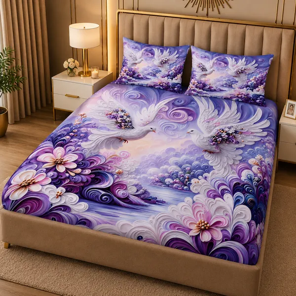 Purple_Floral_Bird_Print_Bedsheet_Set_With_Pillow_Covers
