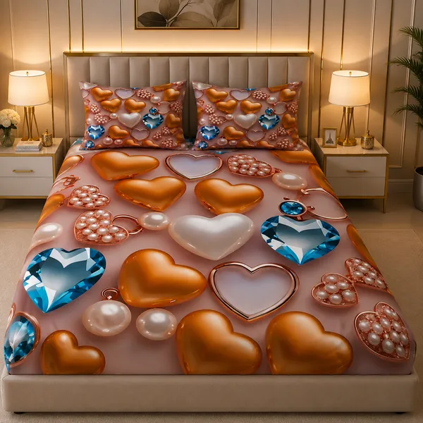 Peach_Heart_Print_Bedsheet_Set_With_Pillow_Covers