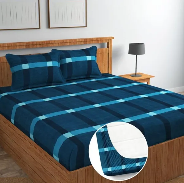 Blue_Fabric_Checkered_Bedsheet_Set_With_Pillow_Covers
