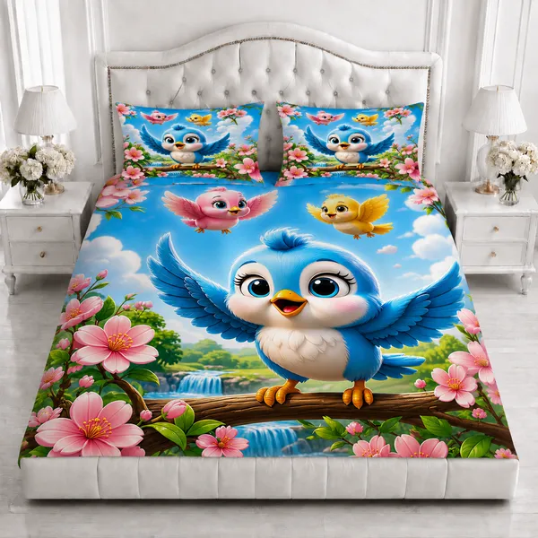 Blue_Cartoon_Floral_Print_Bedsheet_Set