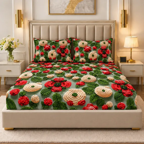 Floral_Print_Fitted_Bedsheet_Set_With_Pillow_Covers