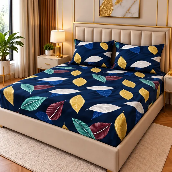 Printed_Leaf_Pattern_Fitted_Bedsheet_Set_With_Pillow_Covers