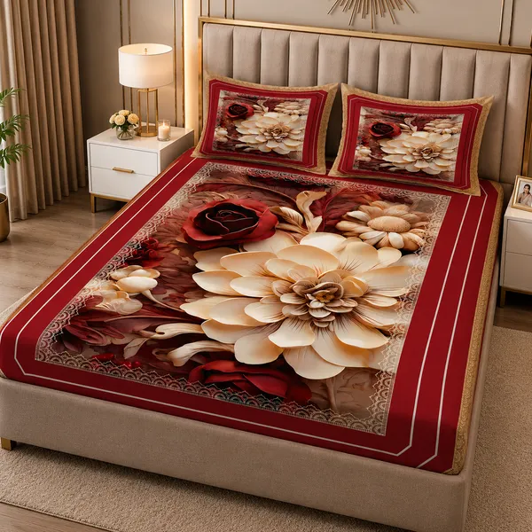 Red_Floral_Print_King_Size_Bedsheet_Set