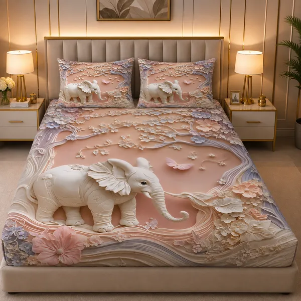 Peach_Floral_Elephant_Print_Bedsheet_Set