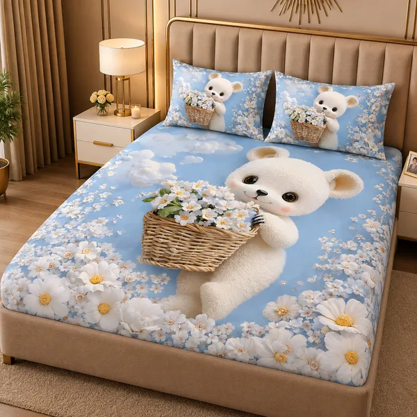 Blue_Teddy_Bear_Floral_Print_Bedsheet_Set