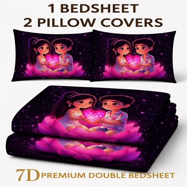 7D_Romantic_Couple_Print_Double_Bedsheet_Set