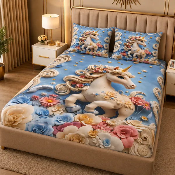 Blue_Fantasy_Unicorn_Floral_Print_Bedsheet_Set