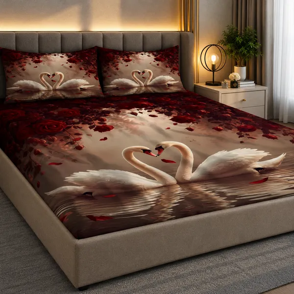 7D_Romantic_Swan_Print_Double_Bedsheet_Set