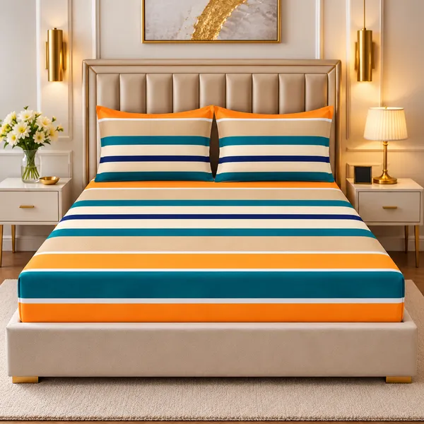 Multicolour_Striped_Fitted_Bedsheet_Set_With_Pillow_Covers