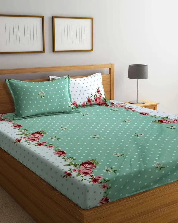 Mint_Green_Floral_Polka_Dot_Print_Bedsheet